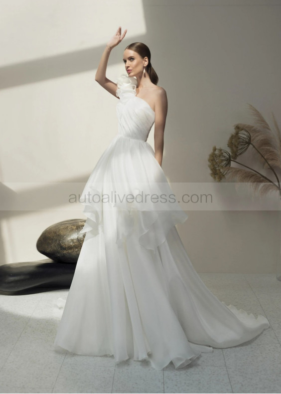 One Shoulder Ivory Pleated Organza Exquisite Wedding Dress